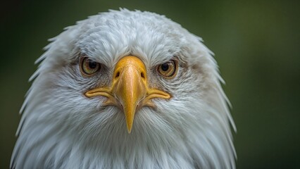 Obraz premium Close-up of a white eagle with yellow beak and intense eyes, set against a blurred green background.
