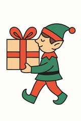 Holiday elf carrying large present with bow, flat illustration with clean minimal lines