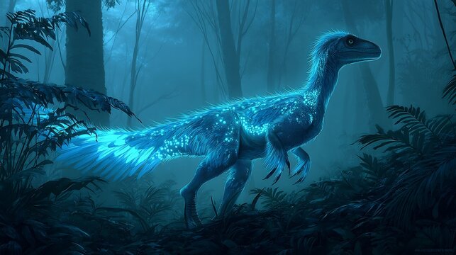 Luminous blue dinosaur in a dark, mystic forest, vibrant digital art. - Powered by Adobe