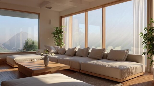 Cozy living room with comfortable sectional sofa, wooden coffee table, and large windows offering a scenic view