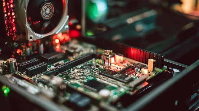 Closeup of hands securing a replacement motherboard in a compact gaming rig showcasing intricate circuitry and highspeed memory slots under bright LEDs.