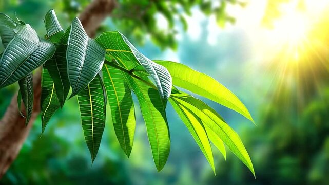 Green tropical leaves in soft backlight, fresh atmosphere, summer energy, shallow depth, with copy space.