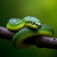 Fototapeta premium Green tree python resting on a tree branch in nature