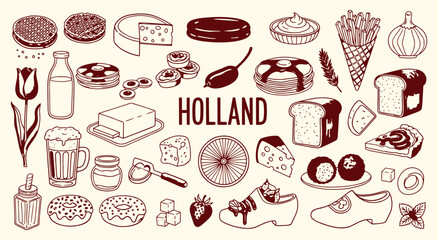 Holland. Dutch Food. A hand drawn vector doodle set of classic Dutch food and symbols like stroopwafel, cheese, and wooden shoes for a restaurant menu, a travel guide, or a food blog.