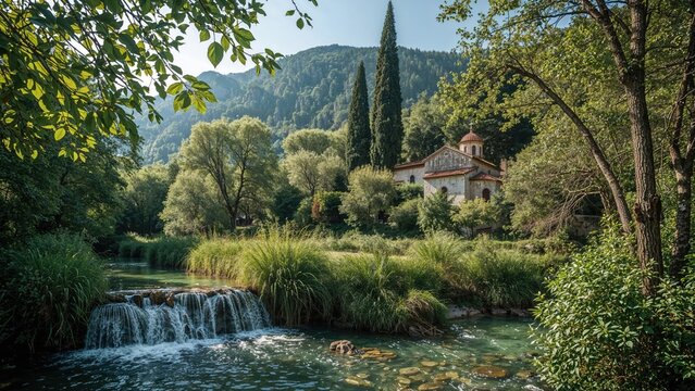 Lush green landscape with a flowing river, trees, and a building in the background surrounded by mountains.