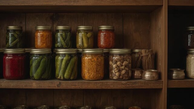 Homemade Preserved Vegetables and Food in Glass Jars on Rustic Wooden Shelves