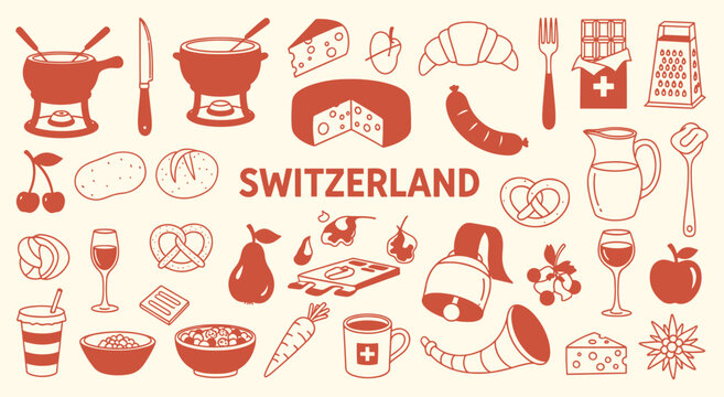 Switzerland. Swiss Food. A red vector icon set of classic Swiss cuisine like fondue, raclette cheese, and chocolate for a restaurant menu, a travel guide, or a food blog design.