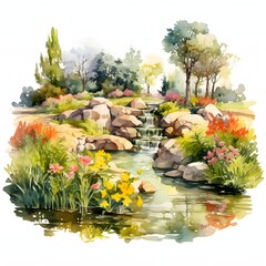 Scenic garden with rocky waterfall and colorful flowers in a watercolor style