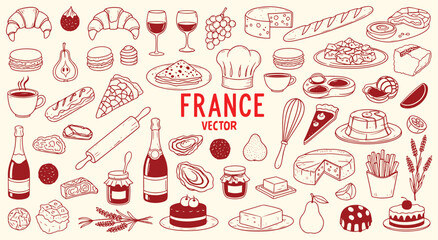 France. French Food. A red hand drawn vector line art doodle set of classic French cuisine for a restaurant menu, a Parisian cafe's branding, a cookbook, or a travel blog graphic. © MH HASIB