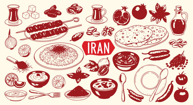 Iran. Iranian Food. A red vector icon set with a grunge texture of classic Persian cuisine for a restaurant menu, a travel guide, a food blog, or a cultural design project asset.