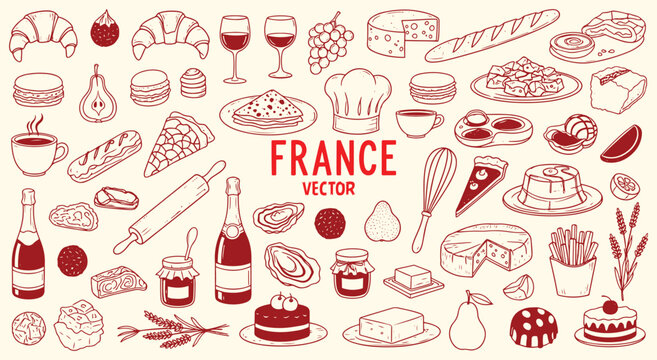 France. French Food. A red hand drawn vector line art doodle set of classic French cuisine for a restaurant menu, a Parisian cafe's branding, a cookbook, or a travel blog graphic.
