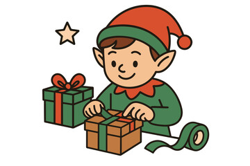 Christmas Helper Elf Closing Gift Box with Tape, Cartoon Vector