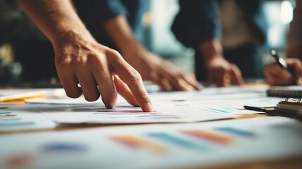 Strategic Vision Unveiled: A collaborative setting of individuals' hands pointing at key data on charts and papers, representing a collective focus on business strategy and detailed analysis.