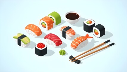 colorful isometric 3D sushi set with nigiri, maki, soy sauce