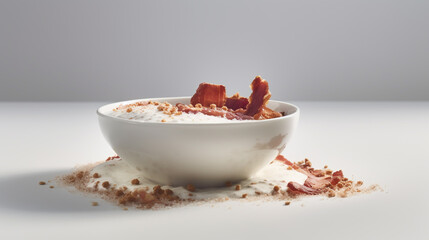 White bowl with fallen cereal and red crispy sticks on a plain surface