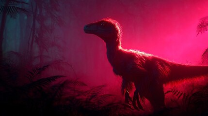 Prehistoric dinosaur in neon jungle, vivid pink and blue light, high quality.