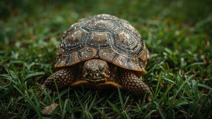 A close-up of a tortoise on grass.