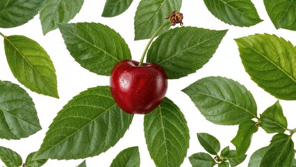 A cherry surrounded by green leaves with a small insect on one leaf.