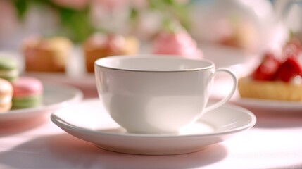 A delicate white cup rests on a simple saucer. It is set against a beautiful backdrop of pastel treats. Perfect for tea time or an elegant brunch.