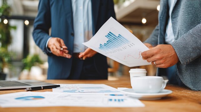 Business Collaboration & Analysis: Two professionals, deep in discussion, dissect financial documents, with charts and graphs, in a modern office, representing strategic planning and teamwork.