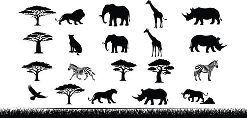 African wildlife silhouette set, savanna animals, lion elephant giraffe zebra rhino, acacia tree scene, black vector nature illustration