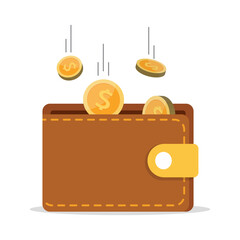 Saving money concept. Brown leather wallet with gold coins falling into it. Financial income concept. Vector illustration.