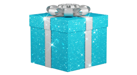 Bright turquoise glitter gift box with silver ribbon and bow, 3D rendered, isolated on transparent background.