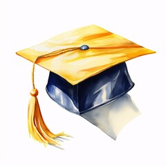 Watercolor painting of a golden yellow and dark blue graduation cap with a matching tassel