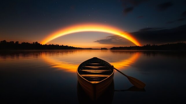 Serene canoeing at sunset tranquil lake nature photography reflective water wide angle peaceful scene - Powered by Adobe