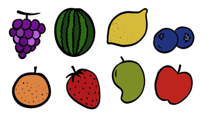 Flat vector illustration of assorted colorful fruits; grapes, watermelon, lemon, blueberries, orange, strawberry, mango and apple; transparent background.