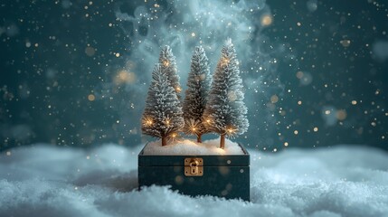 Cozy holiday vignette: tiny lit pine trees emerging from a locked box
