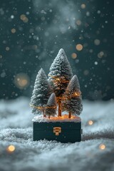 Elegant Christmas miniature scene: frosted trees and warm bokeh lights