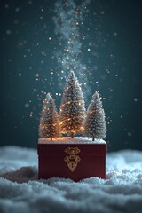 Photorealistic gift-box diorama of snow-covered firs and soft falling snow