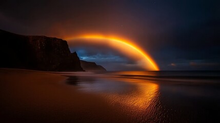 Obraz premium Majestic rainbow formation over cliffs stunning beach scene nature photography serene coastal environment wide-angle view awe-inspiring wonder