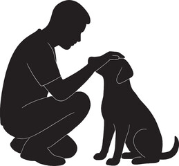 Man Squatting Petting Cat Silhouette Vector Illustration