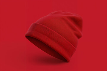 Red Knit Beanie Hat Floating on Red Background