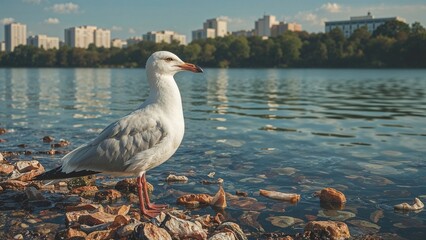 Seagull standing on rocks near water with cityscape in the background.