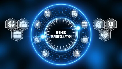 Business transformation concept with clock and neon lights on blue background gears