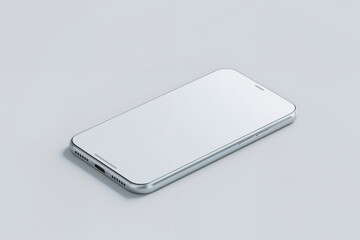 Silver smartphone with bright white screen on light gray background