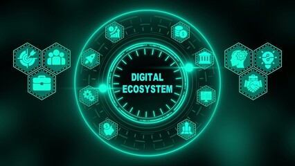 Digital ecosystem concept with neon green on dark background technology business