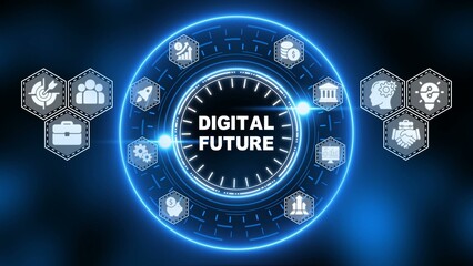 Digital future concept with clock and on blue background technology innovation