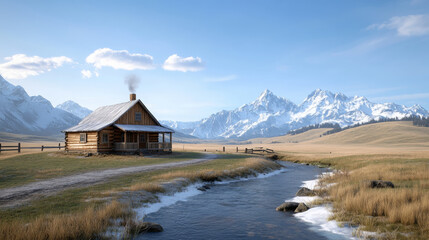 Rustic cabin mountain stream meadow wooden peaceful scenic landscape blue sky