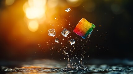 Obraz premium Vibrant rainbow ice cubes splashing in water outdoor natural setting stunning photography captivating visuals high-impact perspective