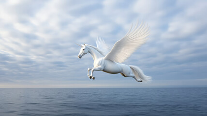 White winged horse flying above calm ocean under cloudy sky, magical and majestic fantasy scene