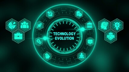 Neon green technology evolution concept with business finance clock hexagons