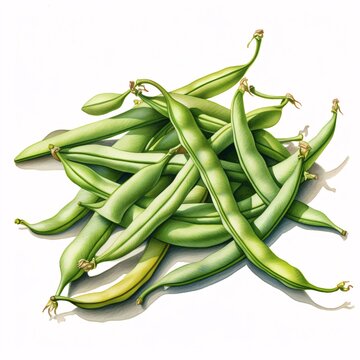 Still life painting of fresh green beans piled high on a white surface