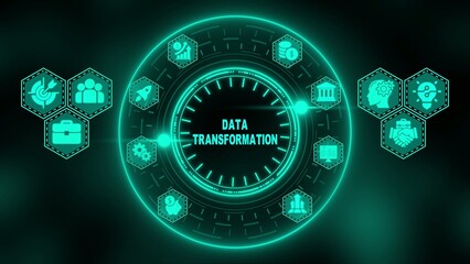 Neon green data transformation infographic with clock and hexagons