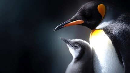 A tender moment between a majestic adult penguin and its adorable chick. This captivating image highlights the beauty of wildlife and the bond of parenthood.