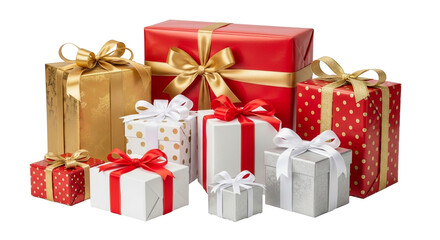 Vibrant collection of wrapped gift boxes with ribbons and bows for festive celebrations, isolated on transparent background.
