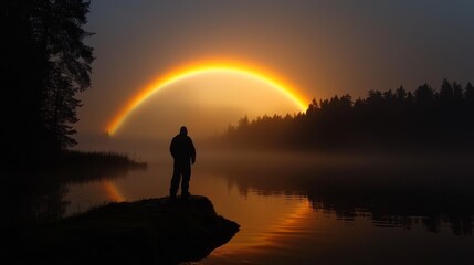 Obraz premium Stunning sunset over a tranquil lake nature photography misty environment serene viewpoint captivating rainbow reflection